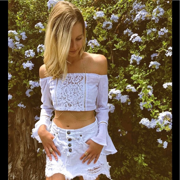 LF Tops - LF white crochet bell sleeve off shoulder crop top